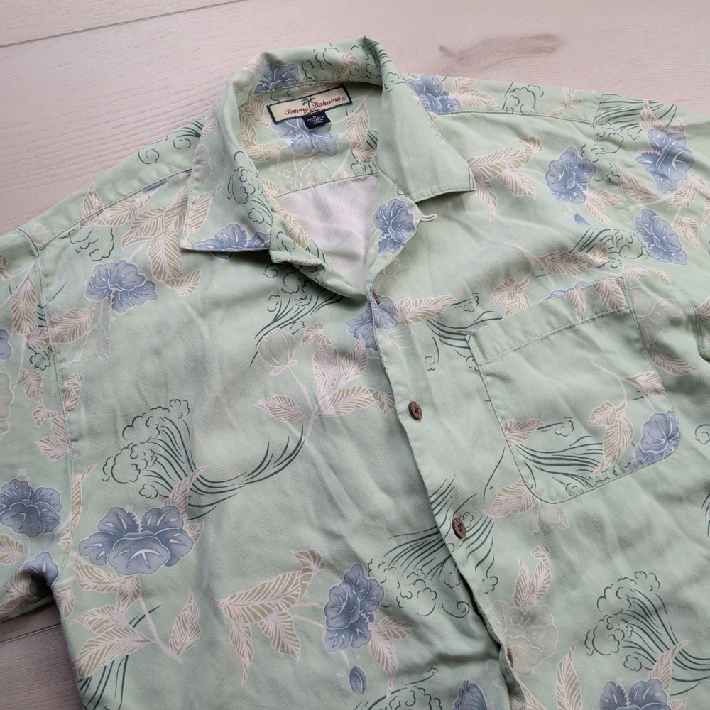 Tommy Bahama Mens Silk Camp Shirt Sage Green Floral Tropical‎ Button Up Medium
